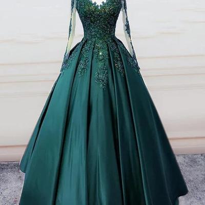 Ball gown emerald green long sleeve quinceanera dresses junior prom dress - Thumbnail 3