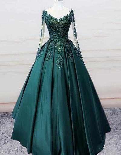 Ball Gown Emerald Green Long Sleeve Quinceanera Dresses Junior Prom Dress