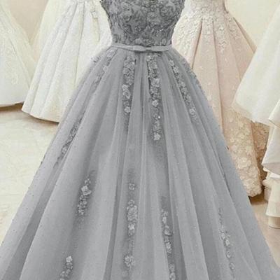 A line gray floral lace prom dress