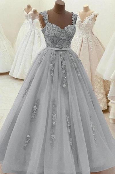 A Line Gray Floral Lace Prom Dress