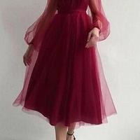 Charming Puffy Long Sleeve Burgundy Tea Length Prom Dress - Thumbnail 2