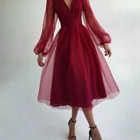 Charming Puffy Long Sleeve Burgundy Tea Length Prom Dress - Thumbnail 1