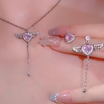 Angelic luxury girl moving wings pink diamond heart gift earrings necklaces pendants set - Thumbnail 3
