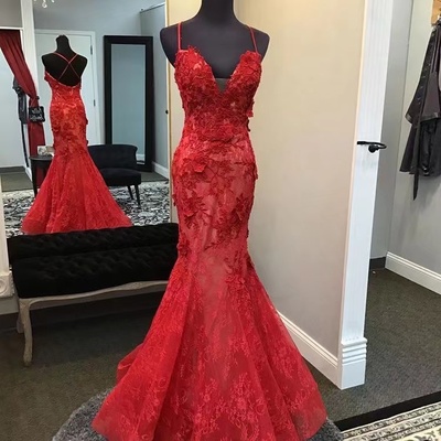 V Neck Red Prom Dresses Mermaid Lace Appliques