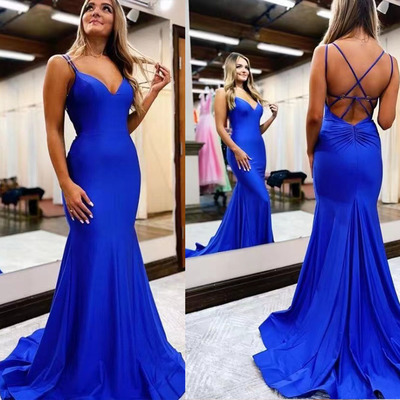 Royal blue prom dresses criss cross mermaid - Thumbnail 2