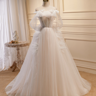 Champagne tulle long prom dress, spaghetti straps evening dress - Thumbnail 1