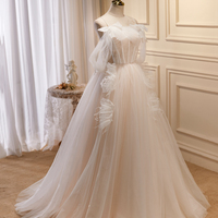 Champagne Tulle Long Prom Dress, Spaghetti Straps Evening Dress - Thumbnail 2