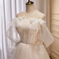 Champagne Tulle Long Prom Dress, Spaghetti Straps Evening Dress - Thumbnail 4