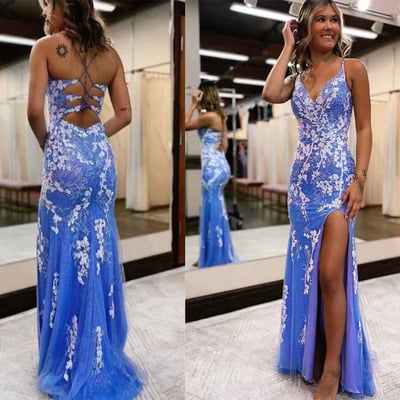 V neck prom dresses lace slit side criss cross - Thumbnail 4