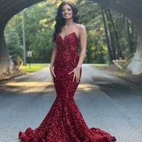 Cute Mermaid V Neck Burgundy Sequins Prom Dresses - Thumbnail 1