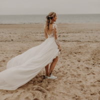 V Neck Wedding Dresses Bridal Gown with Sleeves - Thumbnail 5