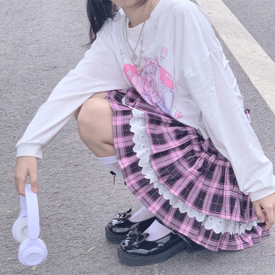 Goth gothic girl black pink white plaid layered lace mini short skirt