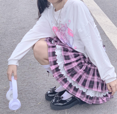 Goth Gothic Girl Black Pink White Plaid Layered Lace Mini Short Skirt