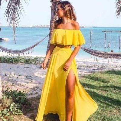 Two piece a line yellow split prom dress 