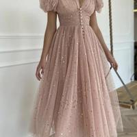 A Line Pink V Neck Tulle Prom Dresses - Thumbnail 1