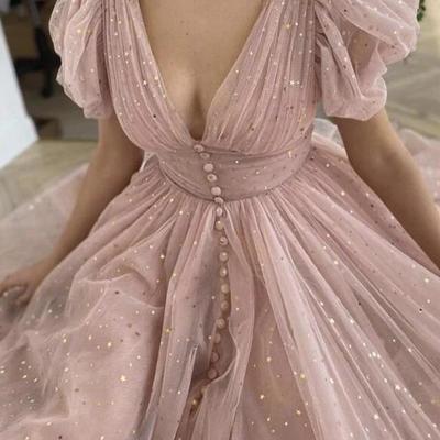 A line pink v neck tulle prom dresses - Thumbnail 3
