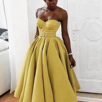 Sweetheart satin yellow tea length prom dresses
