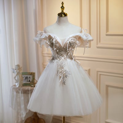 Champagne tulle sequins short prom dress, cute off the shoulder party dress - Thumbnail 3