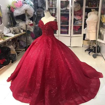 Off shoulder red glitter sequin prom dresses