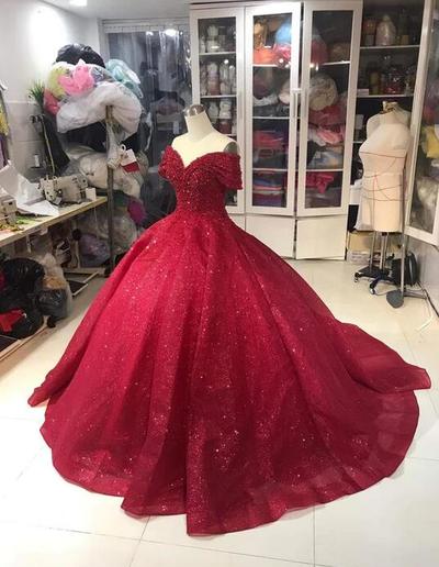 Off Shoulder Red Glitter Sequin Prom Dresses