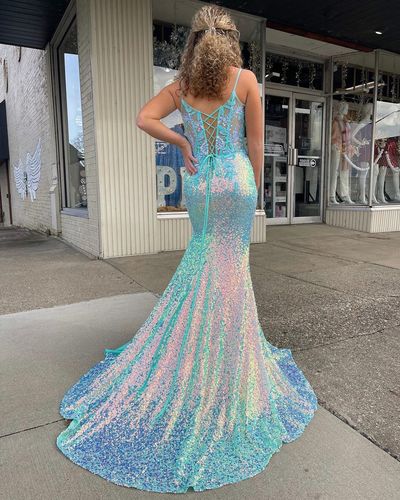 Gorgeous Mermaid V Neck Blue Sequins Prom Dresses with Lace