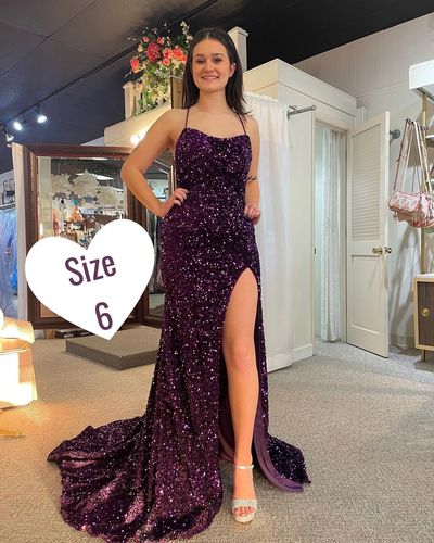 Cute Sparkly Mermaid Scoop Neck Purple Sequins Prom Dresses with Slit