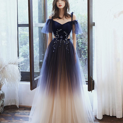 Stylish velvet tulle long prom dress evening dress