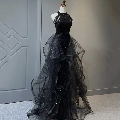 Black halter shiny tulle long prom dress, black tulle evening dress with sequins - Thumbnail 2
