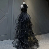 Black Halter Shiny Tulle Long Prom Dress, Black Tulle Evening Dress with Sequins - Thumbnail 2