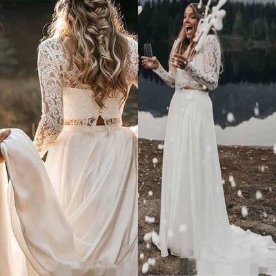Two piece wedding dresses bridal gown with sleeves - Thumbnail 2