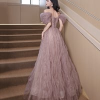 Cute Tulle Long Prom Dress, Off the Shoulder Evening Dress - Thumbnail 1