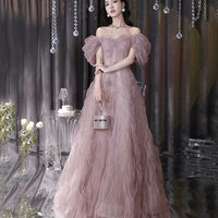 Cute Tulle Long Prom Dress, Off the Shoulder Evening Dress - Thumbnail 3