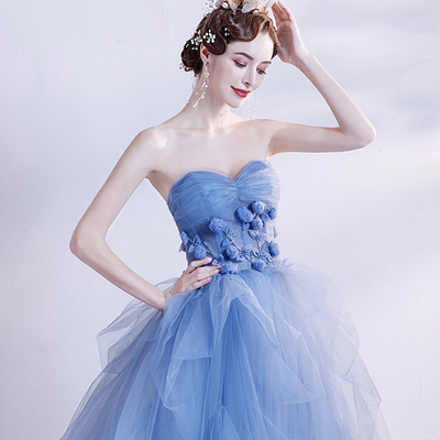 Blue strapless tulle long formal dress, blue evening dress - Thumbnail 1