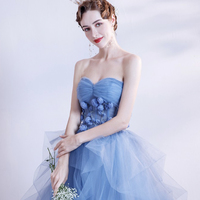Blue Strapless Tulle Long Formal Dress, Blue Evening Dress - Thumbnail 1