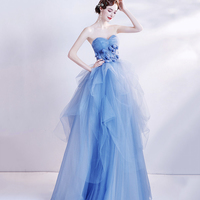 Blue Strapless Tulle Long Formal Dress, Blue Evening Dress - Thumbnail 2
