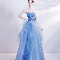 Blue Strapless Tulle Long Formal Dress, Blue Evening Dress - Thumbnail 3