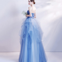 Blue Strapless Tulle Long Formal Dress, Blue Evening Dress - Thumbnail 4