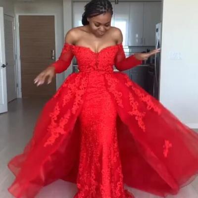 Off shoulder a line red long sleeve lace prom dress
