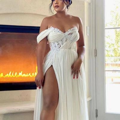 Sweetheart off shoulder long chiffon prom dresses with lace - Thumbnail 3