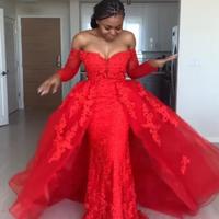 Off Shoulder A Line Red Long Sleeve Lace Prom Dress - Thumbnail 4