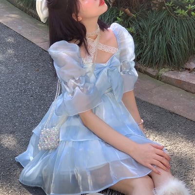 Mori girl princess fairytale cute square neck lace layered tulle blue short mini dress - Thumbnail 5