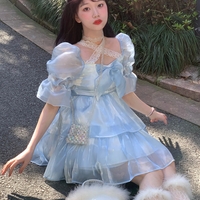 Mori Girl Princess Fairytale Cute Square Neck Lace Layered Tulle Blue Short Mini Dress - Thumbnail 2