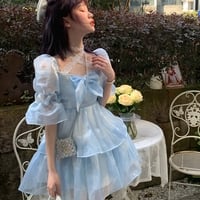 Mori Girl Princess Fairytale Cute Square Neck Lace Layered Tulle Blue Short Mini Dress - Thumbnail 1