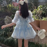 Mori Girl Princess Fairytale Cute Square Neck Lace Layered Tulle Blue Short Mini Dress - Thumbnail 3