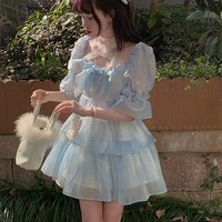 Mori Girl Princess Fairytale Cute Square Neck Lace Layered Tulle Blue Short Mini Dress - Thumbnail 5