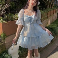 Mori Girl Princess Fairytale Cute Square Neck Lace Layered Tulle Blue Short Mini Dress - Thumbnail 6