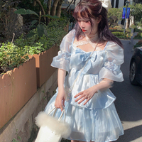 Mori Girl Princess Fairytale Cute Square Neck Lace Layered Tulle Blue Short Mini Dress - Thumbnail 7