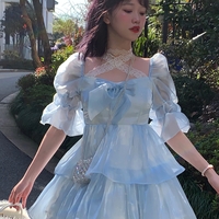 Mori Girl Princess Fairytale Cute Square Neck Lace Layered Tulle Blue Short Mini Dress - Thumbnail 9