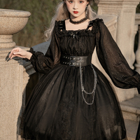 Gothic Goth Girl Dark Witch Off Shoulder Strap Cute Black Red Long Sleeve Dress with Belt - Thumbnail 2