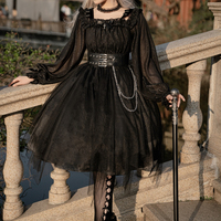 Gothic Goth Girl Dark Witch Off Shoulder Strap Cute Black Red Long Sleeve Dress with Belt - Thumbnail 3